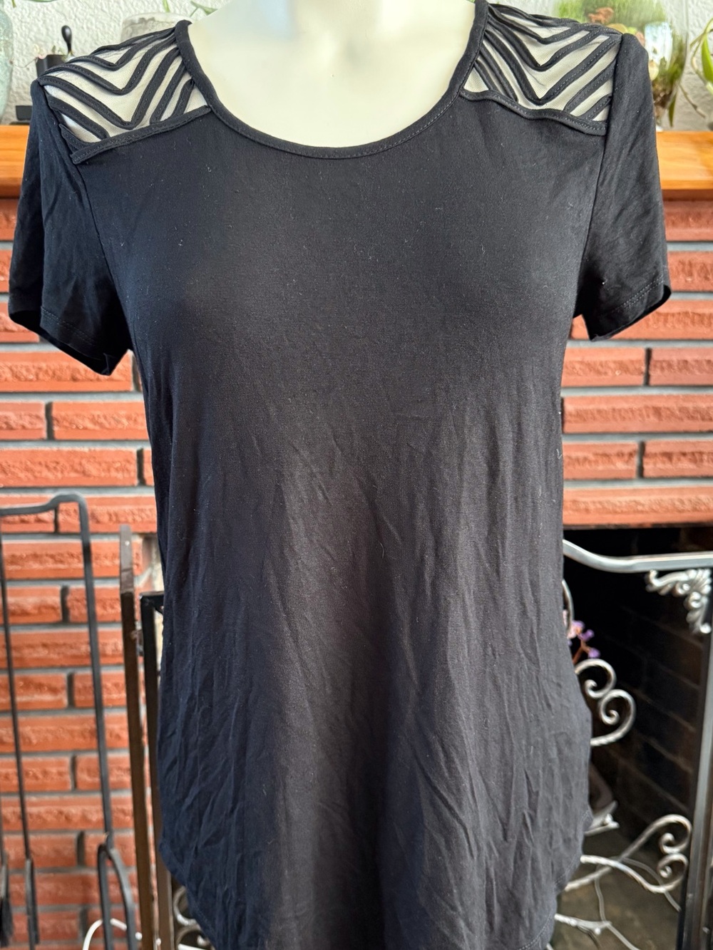 Black Womens Short Sleeve Top with Mesh Shoulder and back Detail